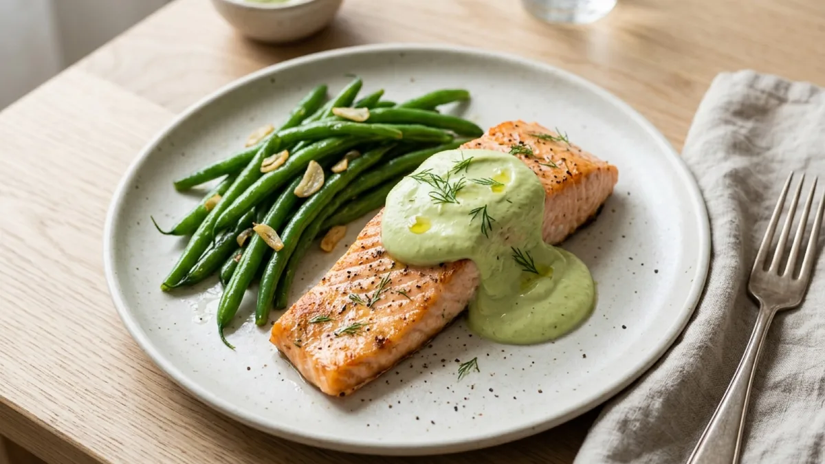 Baked Salmon with Avocado Cream and Garlic Green Beans