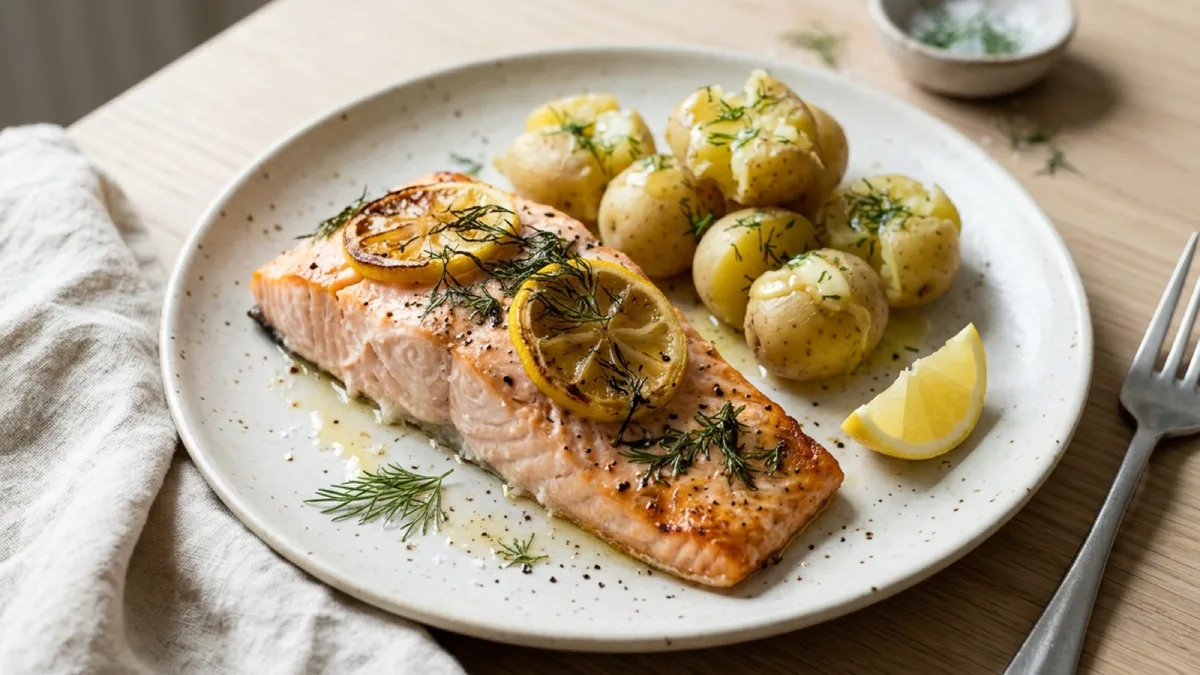 Oven-Baked Salmon with Dill Sauce and Boiled Potatoes