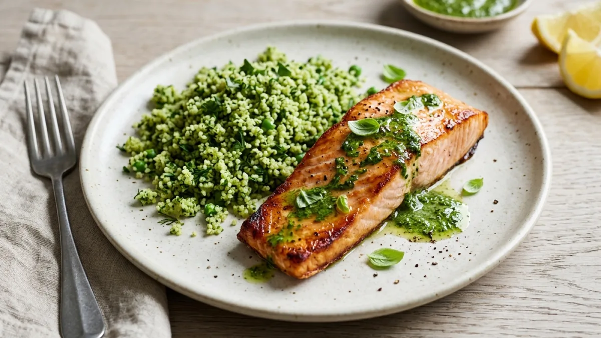 Roast Salmon with Green Couscous and Basil Sauce