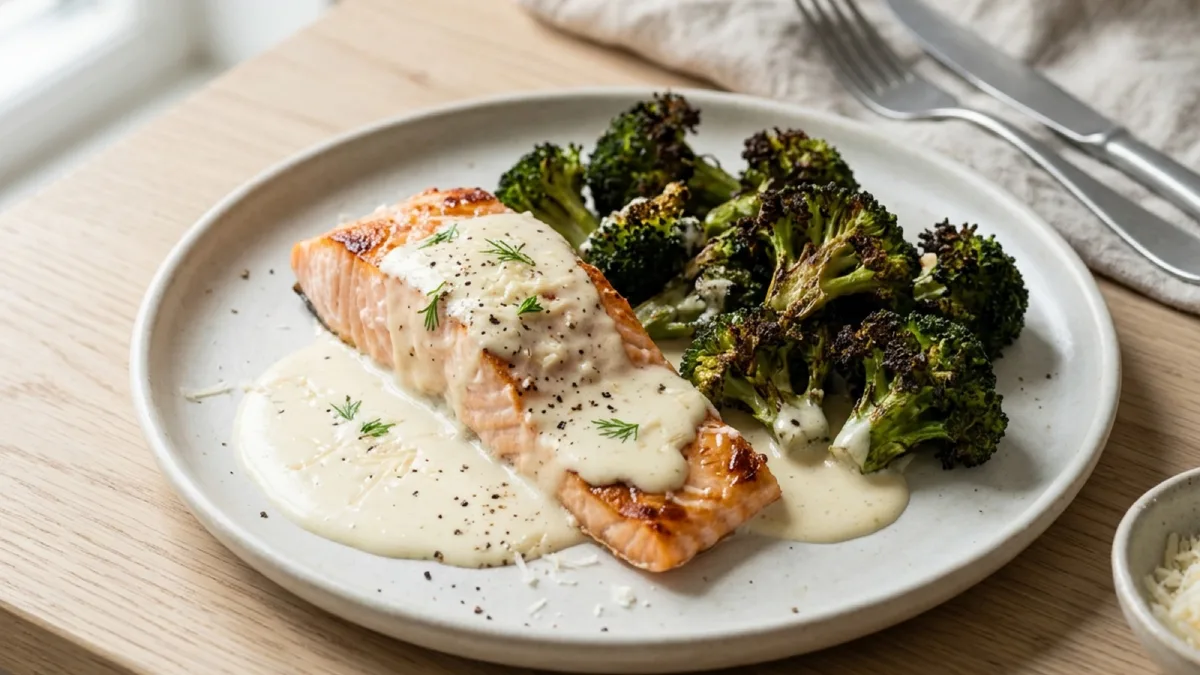 Baked Salmon with Charred Broccoli and Parmesan Cream