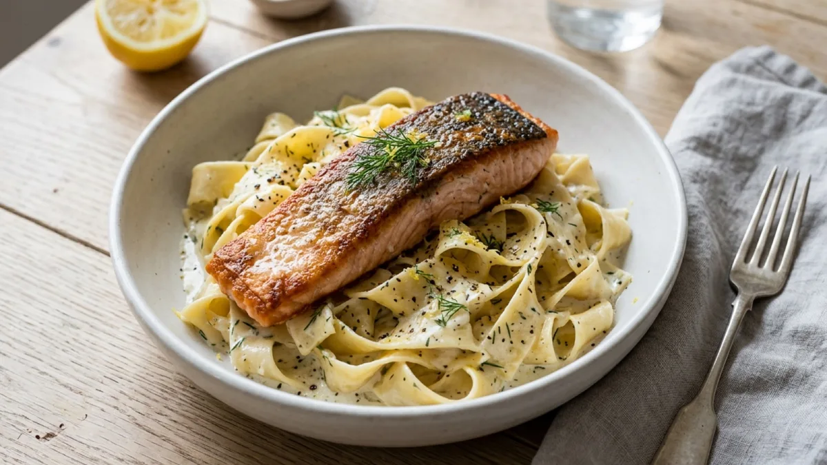 Crispy Salmon with Creamy Pappardelle