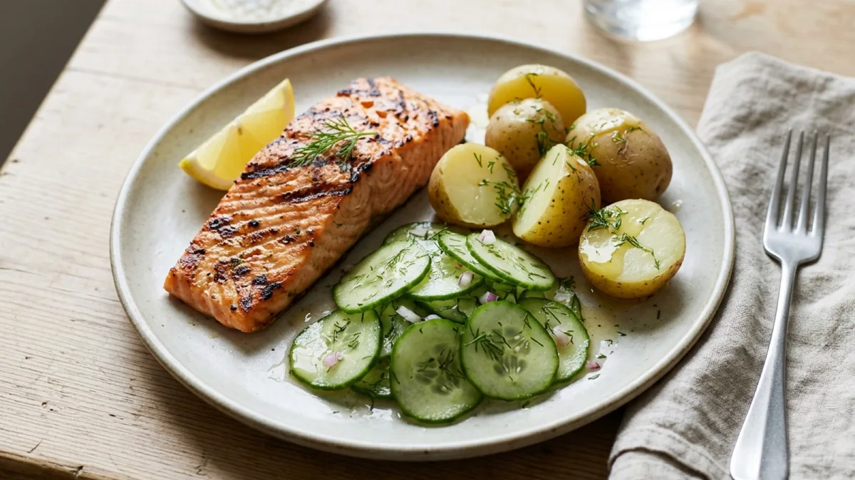 Grilled Salmon with Cucumber Salad and Potatoes