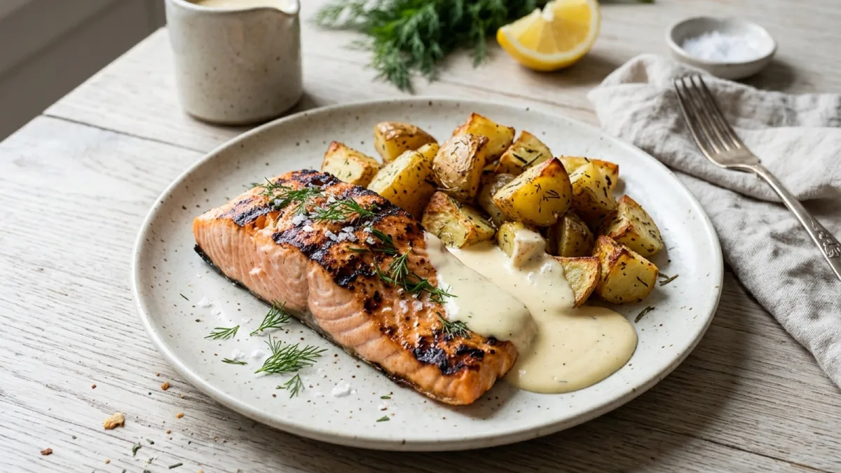 Grilled Salmon with Roast Potatoes and Västerbotten Cheese Sauce