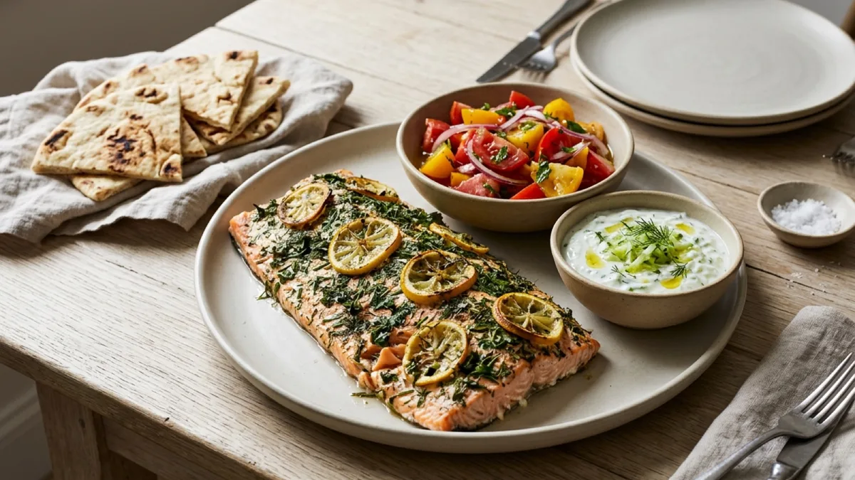 Herb-Baked Salmon with Tomato Salad, Tzatziki and Pita