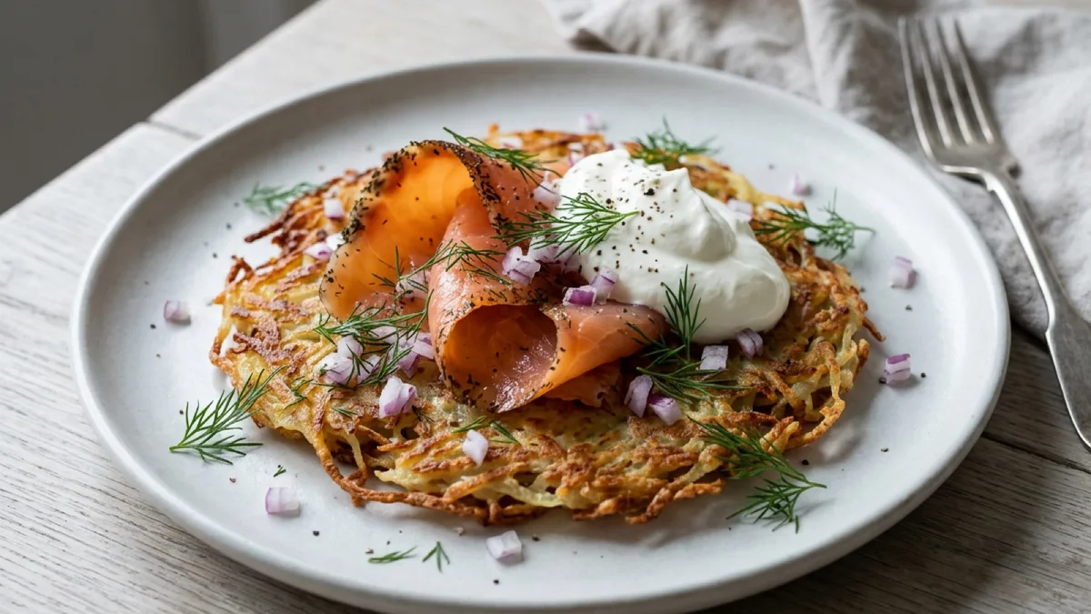 Potato Rösti with Gravlax, Smetana, Onion and Dill