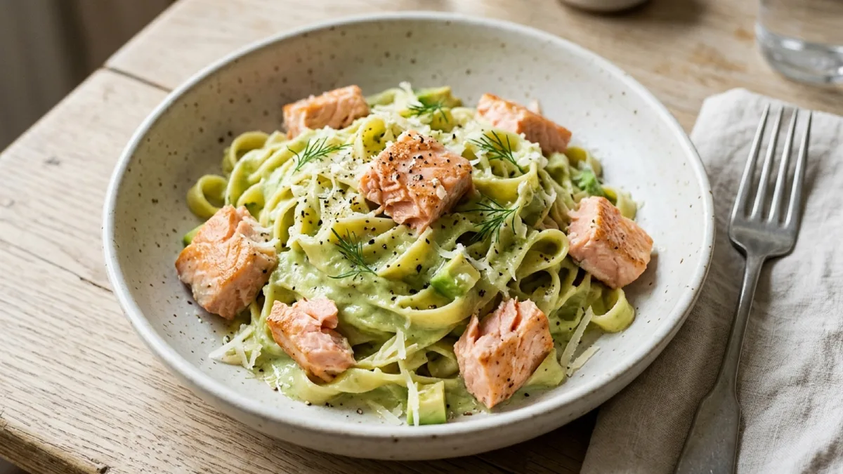 Salmon Pasta with Avocado-Parmesan Cream