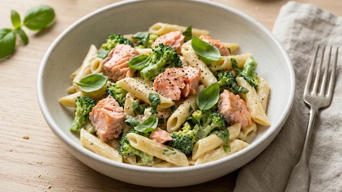 Salmon, Basil and Creamy Broccoli Pasta