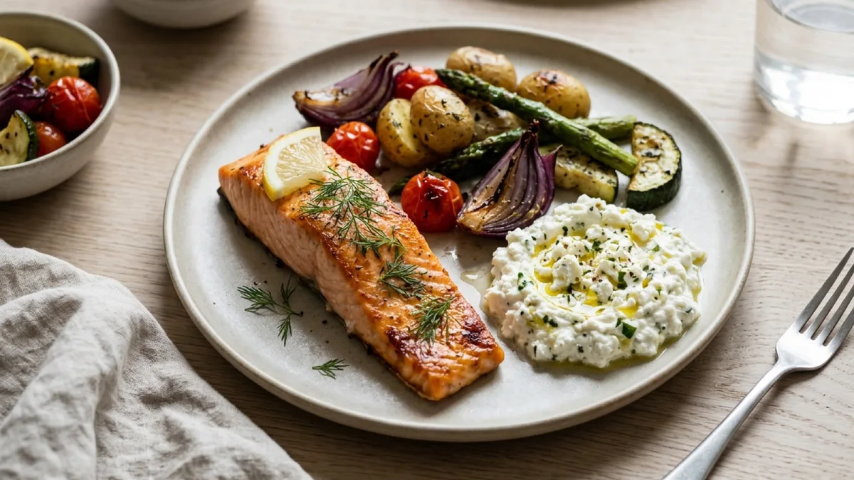 Salmon with Feta Cream and Roasted Vegetables