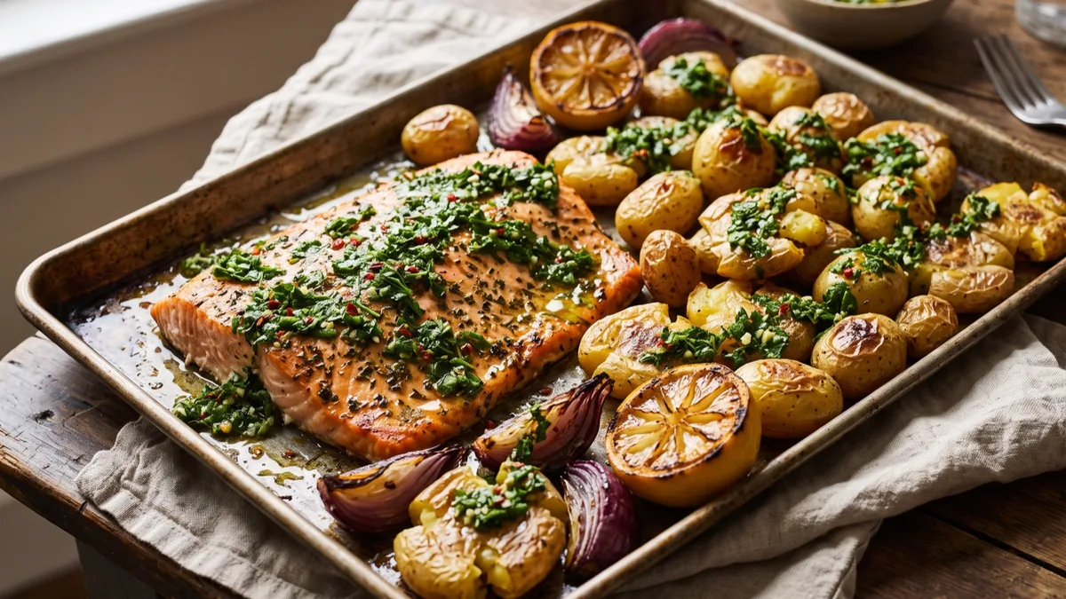 One-Tray Salmon and Potatoes with Chimichurri