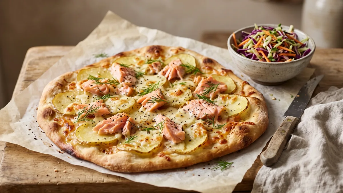 Salmon and Potato Pizza with Crunchy Slaw