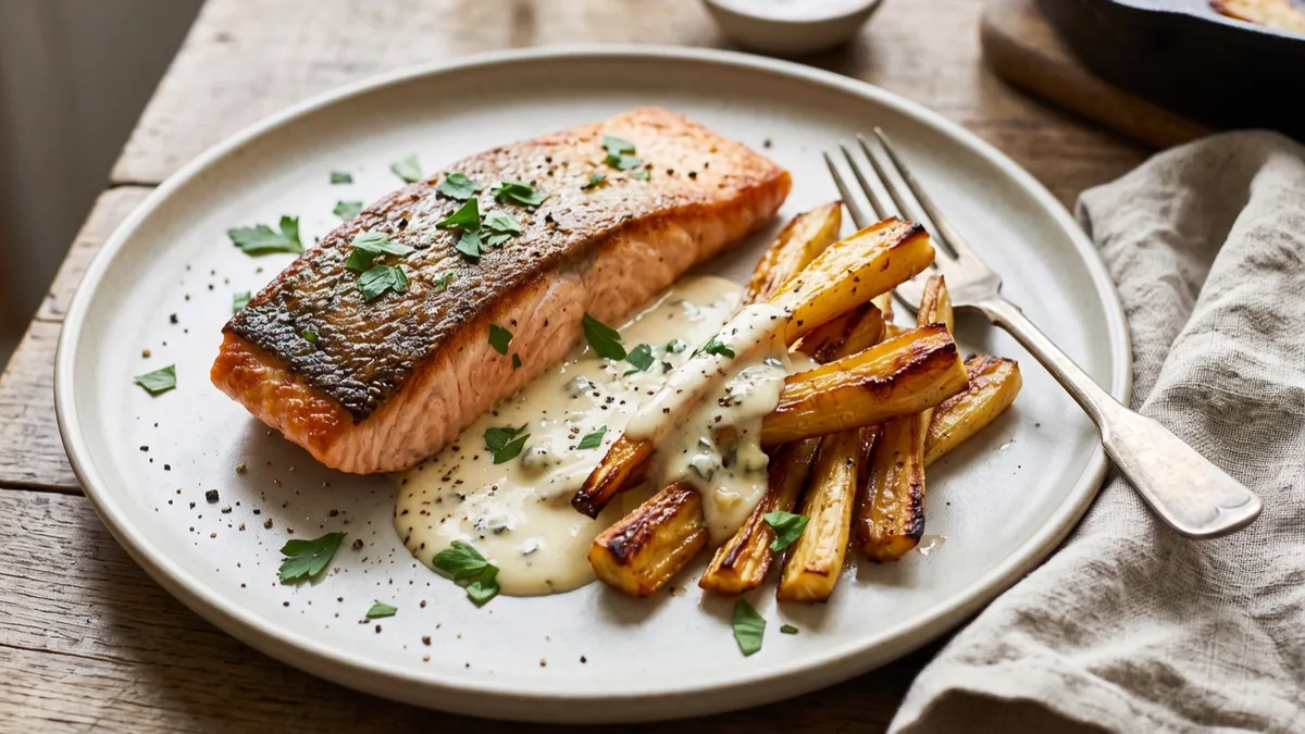 Salmon with Roasted Parsnips and Blue Cheese Sauce