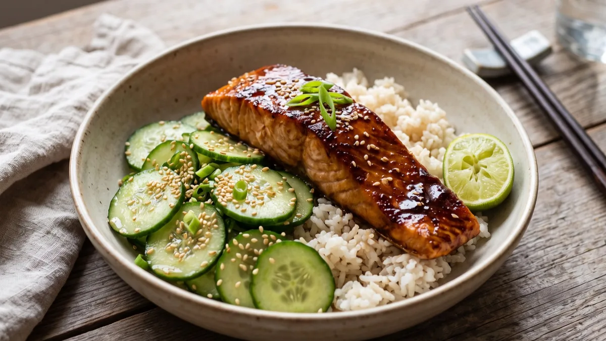 Soy-Baked Salmon with Coconut Rice and Cucumber Salad