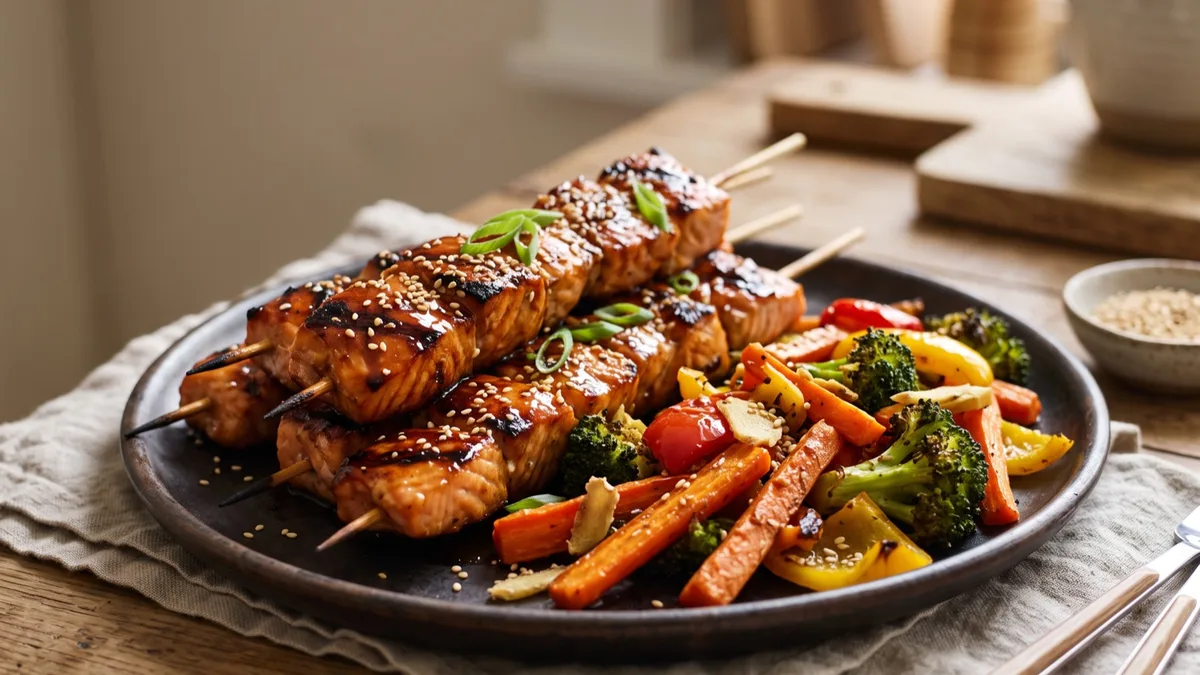 Soy-Marinated Salmon Skewers with Ginger-Roasted Vegetables